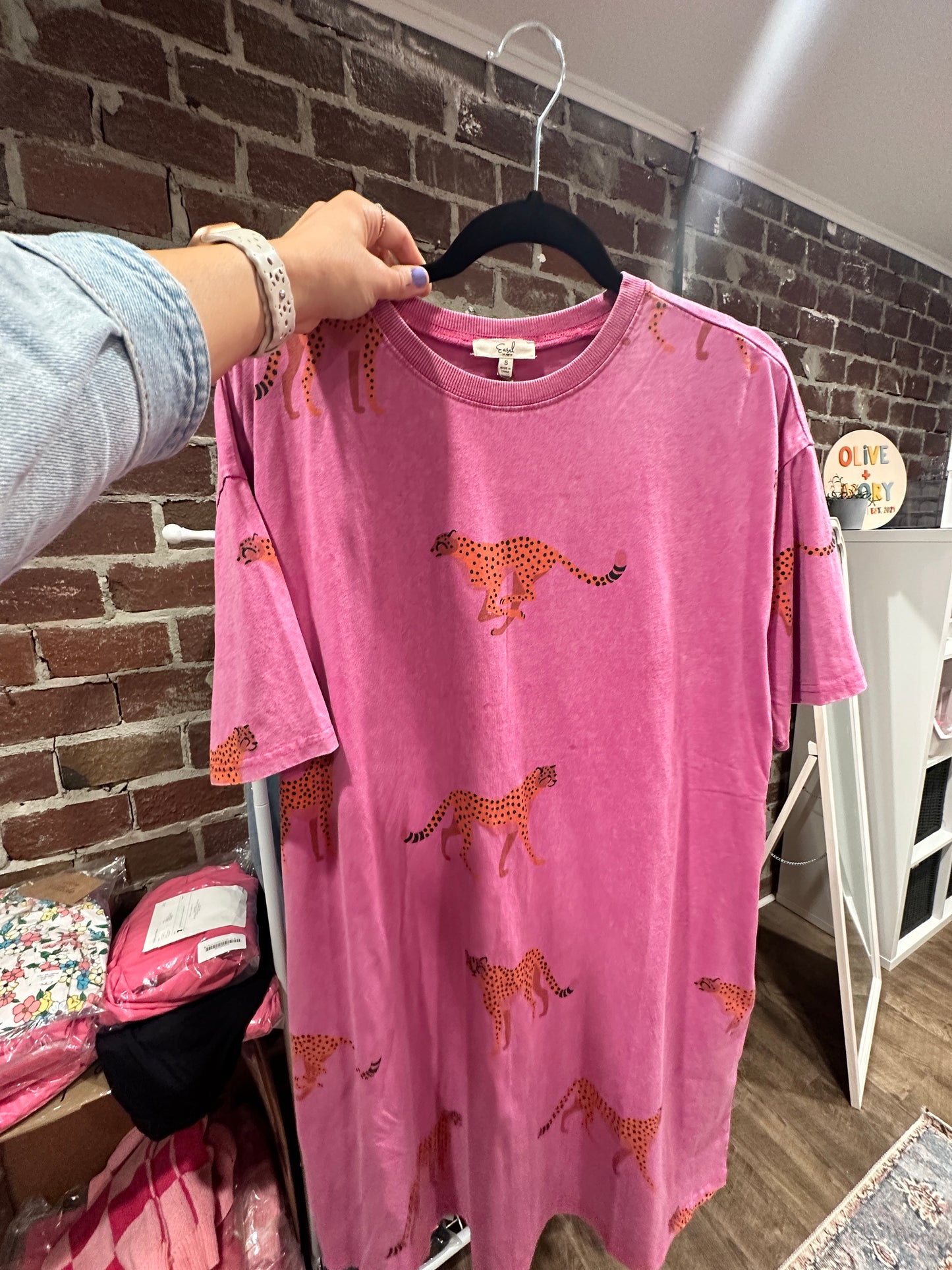 Mineral Washed Cheetah Pattern T-Shirt Dress