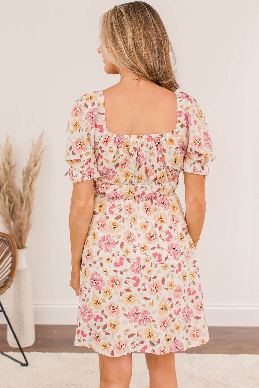 The Edie - Beige Square Neck Puff Short Sleeve Floral Dress