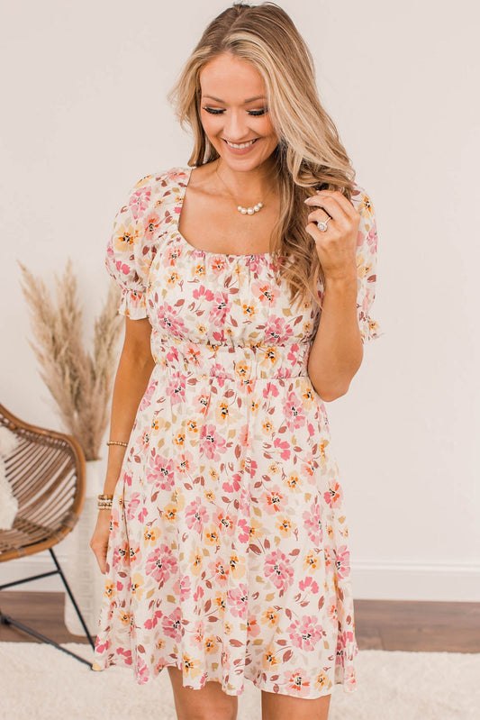 The Edie - Beige Square Neck Puff Short Sleeve Floral Dress