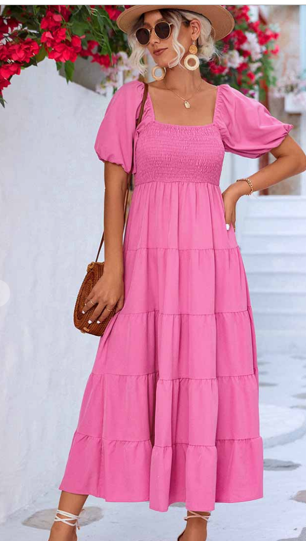 SQUARE NECK PUFF WRINKLE CHEST CAKE MAXI DRESS