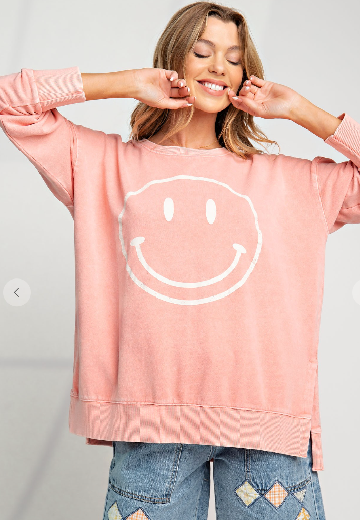 Mineral Washed Smiley Pullover | Pink + Green