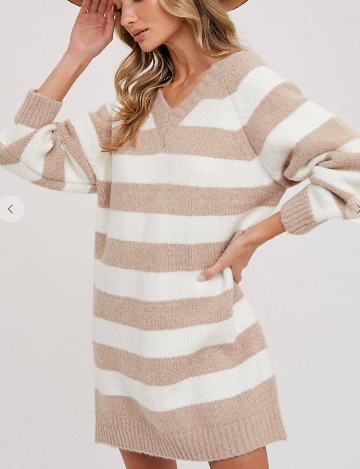 Beige Striped Sweater Dress