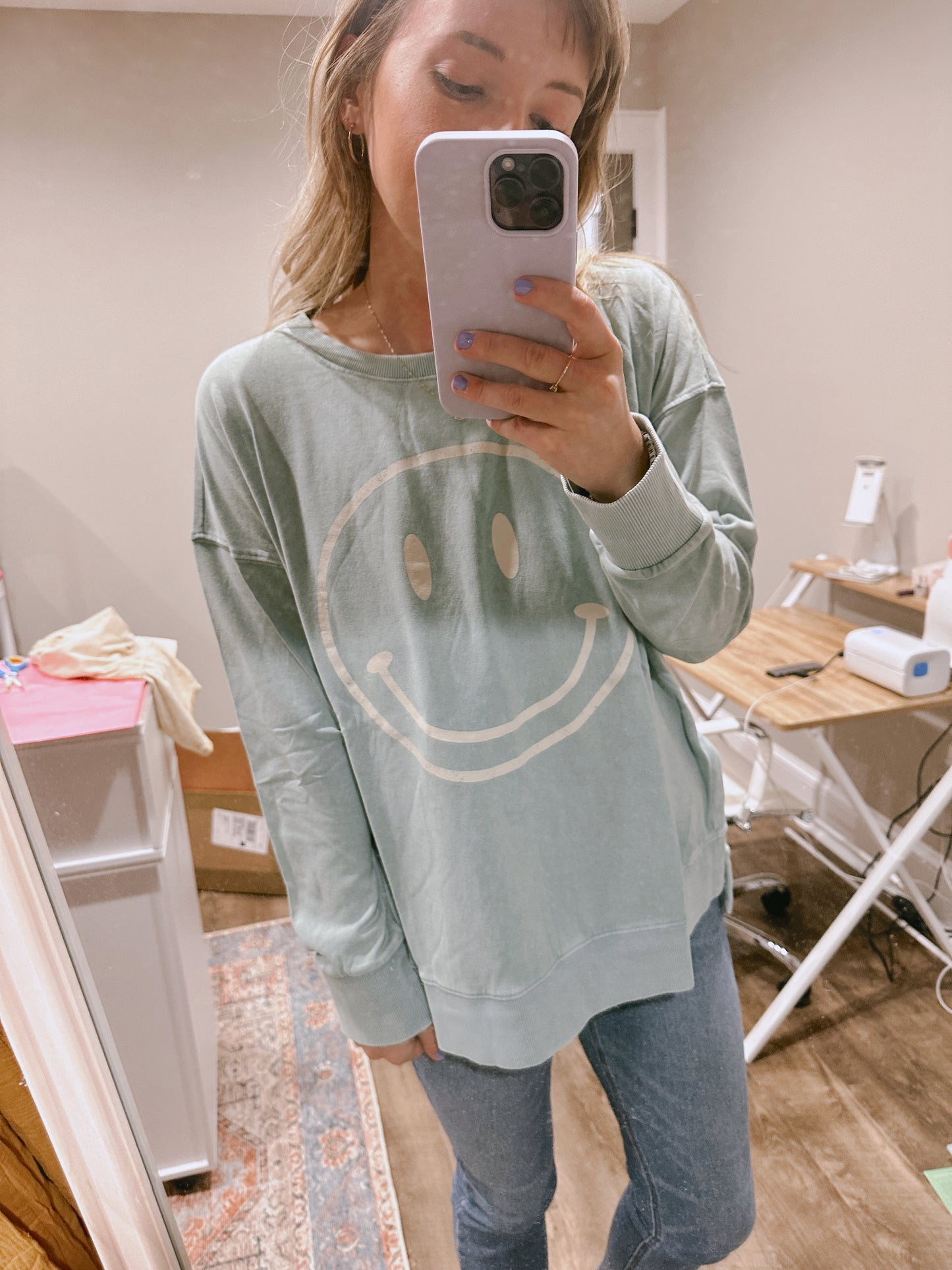 Mineral Washed Smiley Pullover | Pink + Green