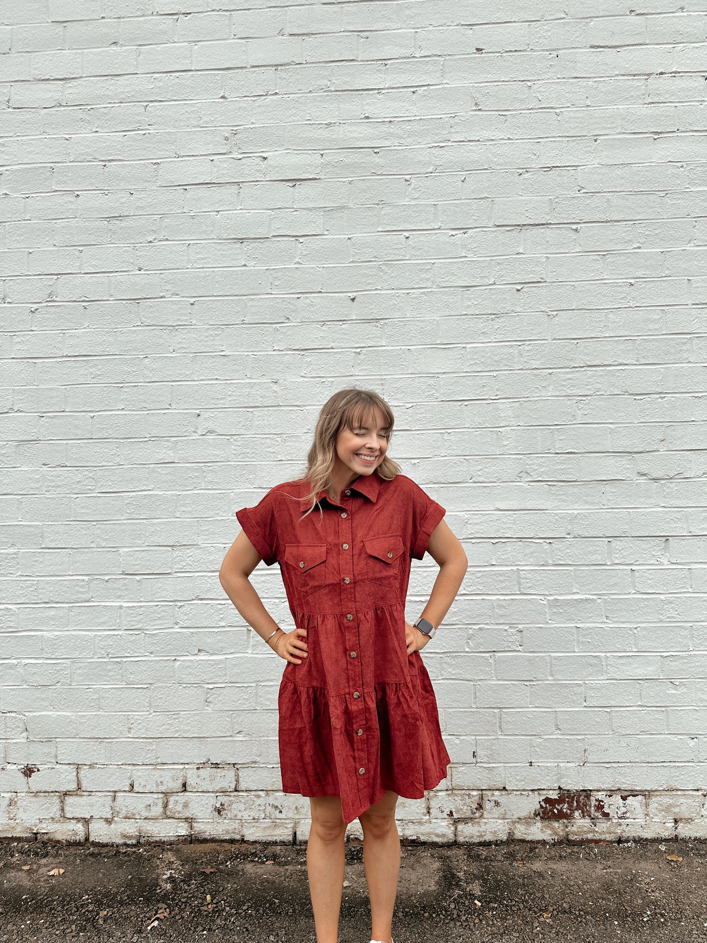 Burgundy Solid Tiered Short Sleeve Button Up Mini Dress