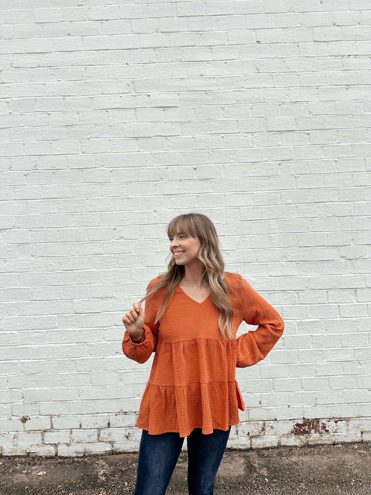 Rust Gauze Tiered Puff Sleeves V Neck Top