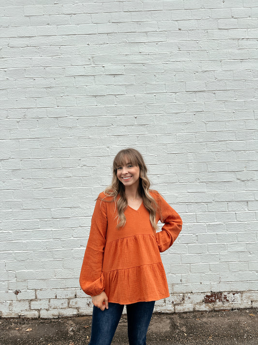 Rust Gauze Tiered Puff Sleeves V Neck Top